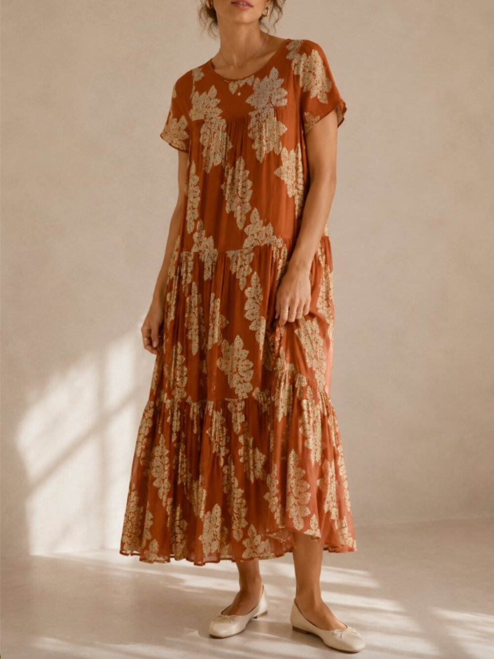 Anthropologie Jocasta Tiered Maxi Dress Burnt Orange Gold Metallic XS